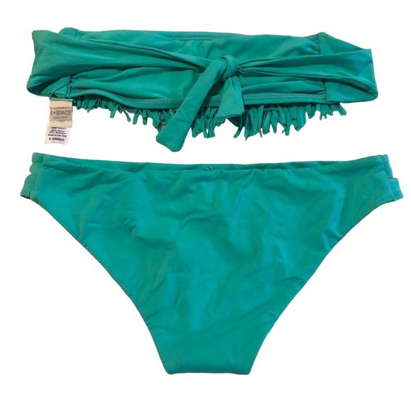 NEW L*SPACE PEACOCK KNOTTED BANDEAU FRINGE BIKINI SET top XS bottom L - Picture 3 of 5